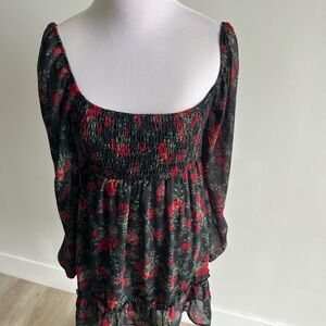 Francesca's Collections Black and Red Smocked Long Sleeve Dress